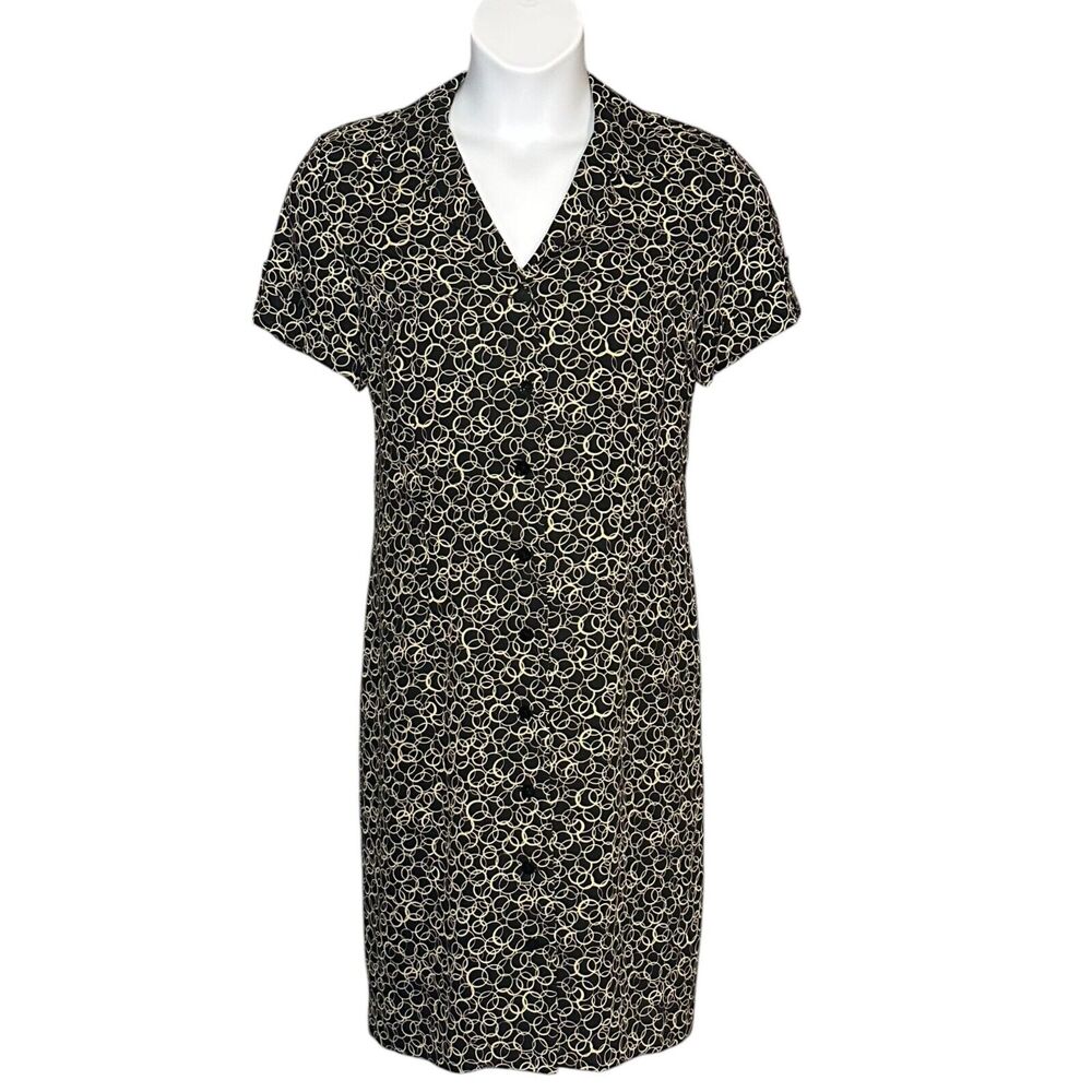 Vintage David Warren Midi Dress Button Up Short Sleeve Black Gold Career Sz 14P